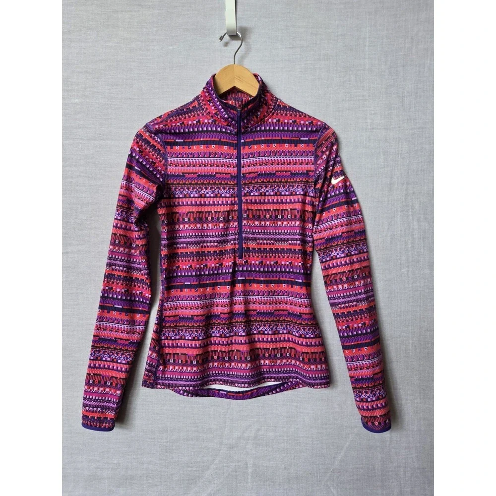 Nike Pro Dri-Fit Pullover 1/2 Zip Up Womens Pink Purple Geometric Top Small